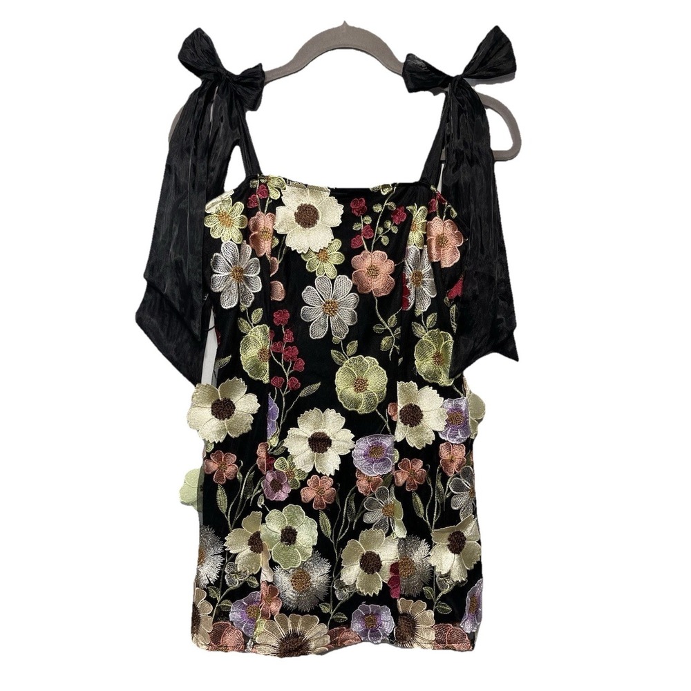 Lulus Made With Love Black Dress 3D Color Floral Embroidered Tie-Strap Mini Sz-M - Picture 6 of 8